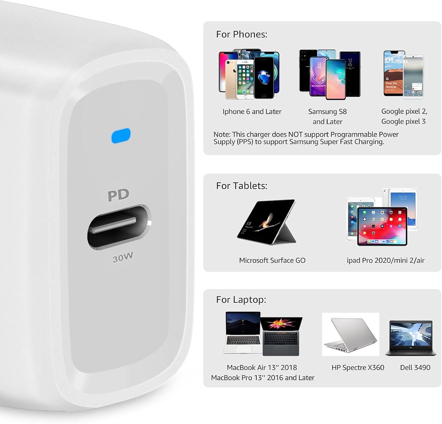 Amazon Basics 30W One-Port GaN USB-C Wall Charger with Power Delivery PD for Tablets & Phones (iPhone 16/15/14/13/12/11/X, iPad, Samsung, More), Non-PPS, White