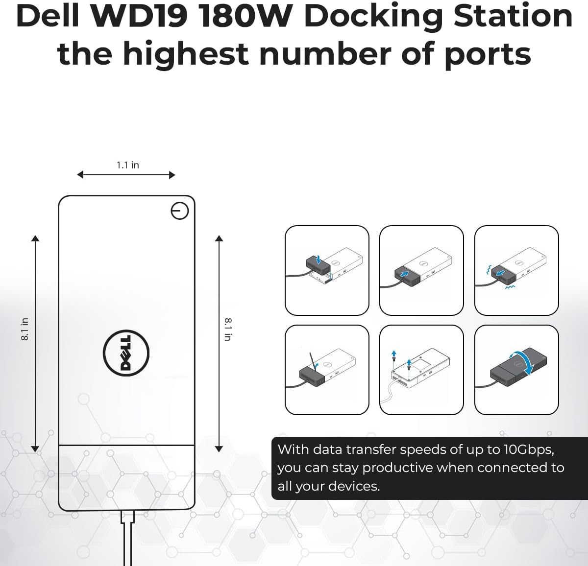 WD19 Dell Docking Station Dual Monitor - USB-C Dock with 180W Adapter, HDMI, DisplayPort, USB-C Cables - Dell Laptop Docking Station (Renewed)
