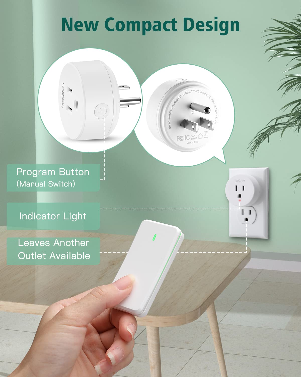 Remote Control Outlet Switch, Removable Buckle Design Wireless Light Switch, No Wiring No WiFi, 300ft RF Range 15A 1500W, Programmable DIY Pairing, for Household Appliances (White)