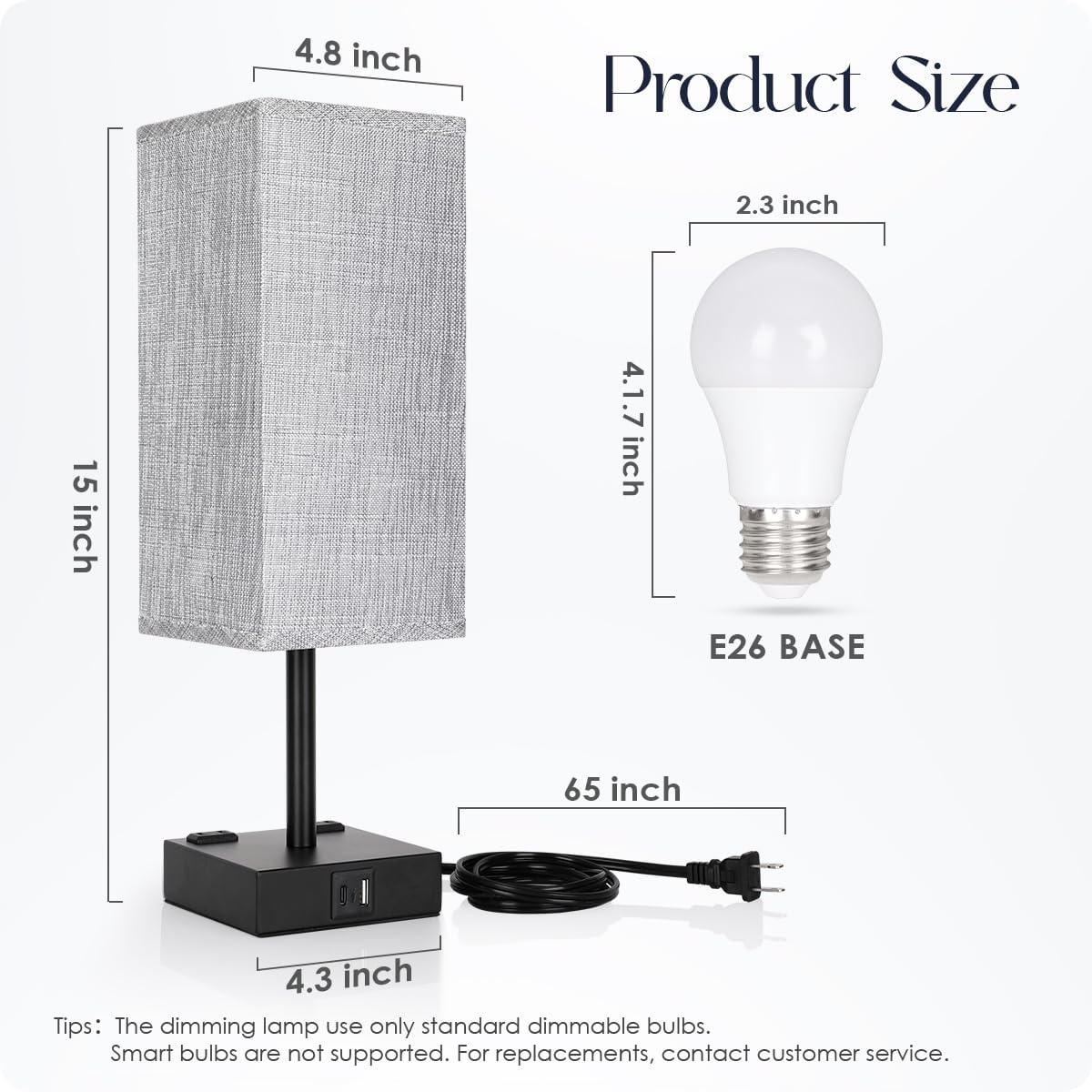 Bedside Table Lamps Set of 2 - Touch Nightstand Lamp for Bedroom with USB C+A Charging Ports & AC Outlets, 3-Way Dimmable Desk Lamp Grey Fabric Shade for Bedroom Living Room, Office(Bulb Included)