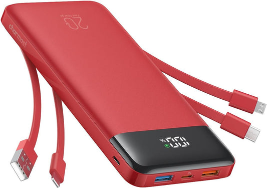 charmast Portable Charger Built-in Cables, 20000mAh Power Bank 6-Output | Travel Fast Charging Battery Pack for iPhone 17/16/15 Samsung Android, Flight-Approved, Multi-Device, USB-C & USB-A, LED %