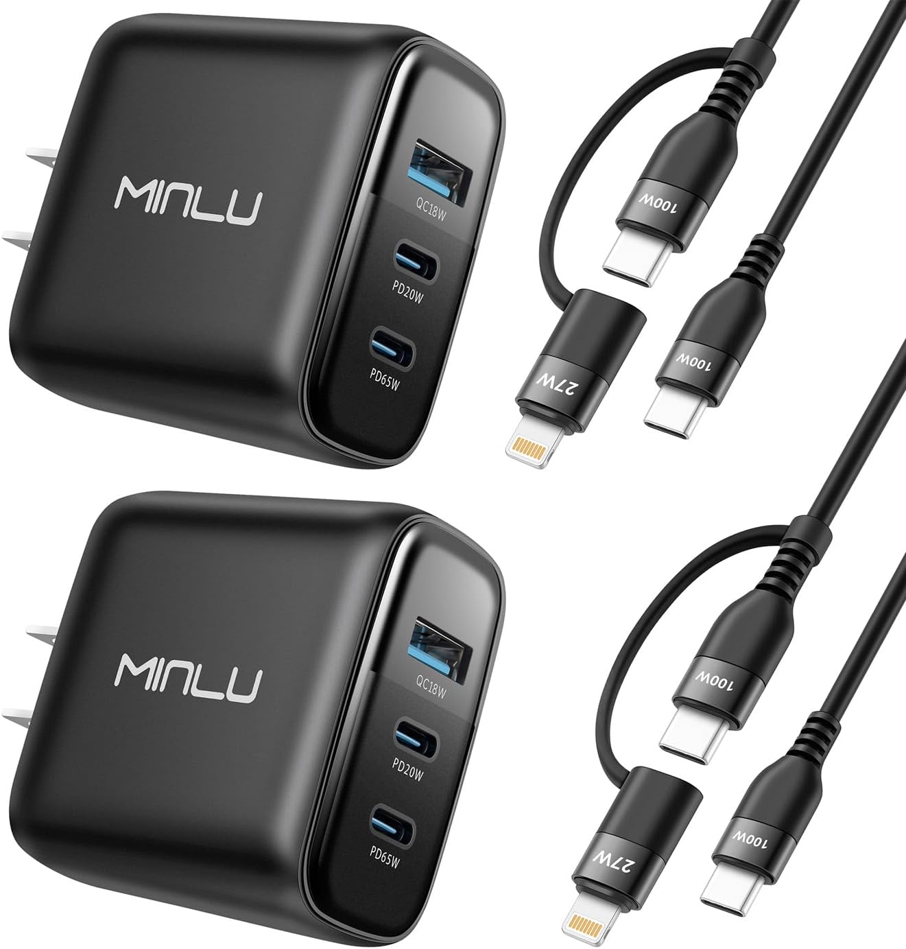 65W USB C Charger Block, MINLU GaN 3-Port Compact Fast PPS Wall Charger with 100W 2 in 1 USB-C to C/L Cable,Fast Charging for MacBook Pro/Air,iPad,iPhone 17 16 15 Series,Galaxy S25 UItra PS - 2Pack