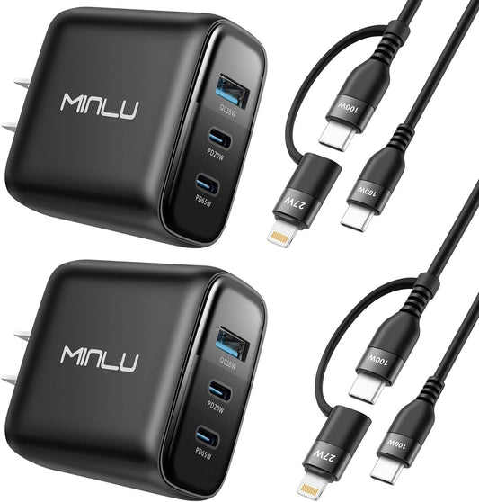 65W USB C Charger Block, MINLU GaN 3-Port Compact Fast PPS Wall Charger with 100W 2 in 1 USB-C to C/L Cable,Fast Charging for MacBook Pro/Air,iPad,iPhone 17 16 15 Series,Galaxy S25 UItra PS - 2Pack