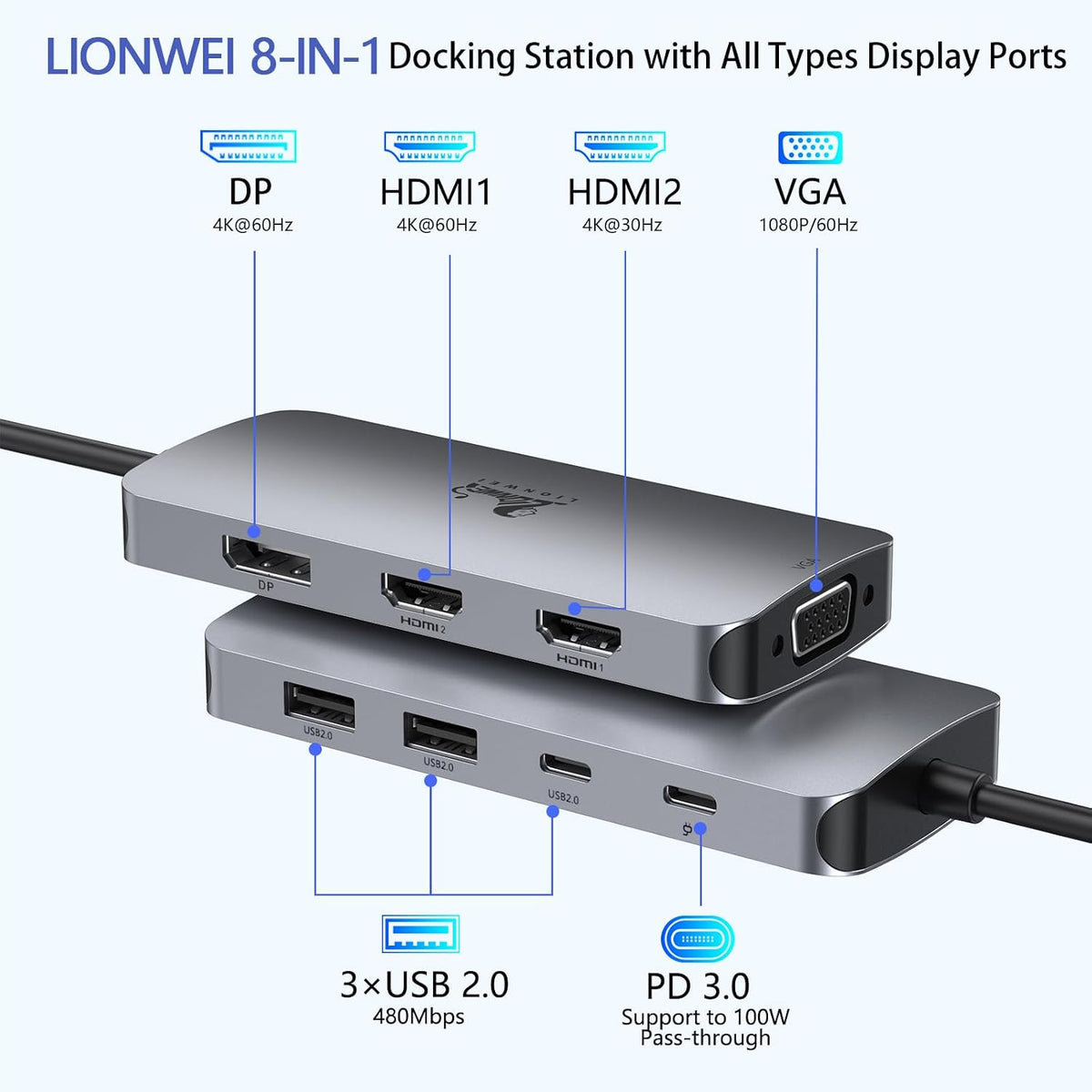 LIONWEI USB C Docking Station Dual Monitor, Laptop Docking Station 3 Monitors Quadruple Display with Dual 4K HDMI, DP, VGA, 100W PD, 3 USB C/A 2.0, Laptop Dock for Dell, Lenovo, HP, Surface