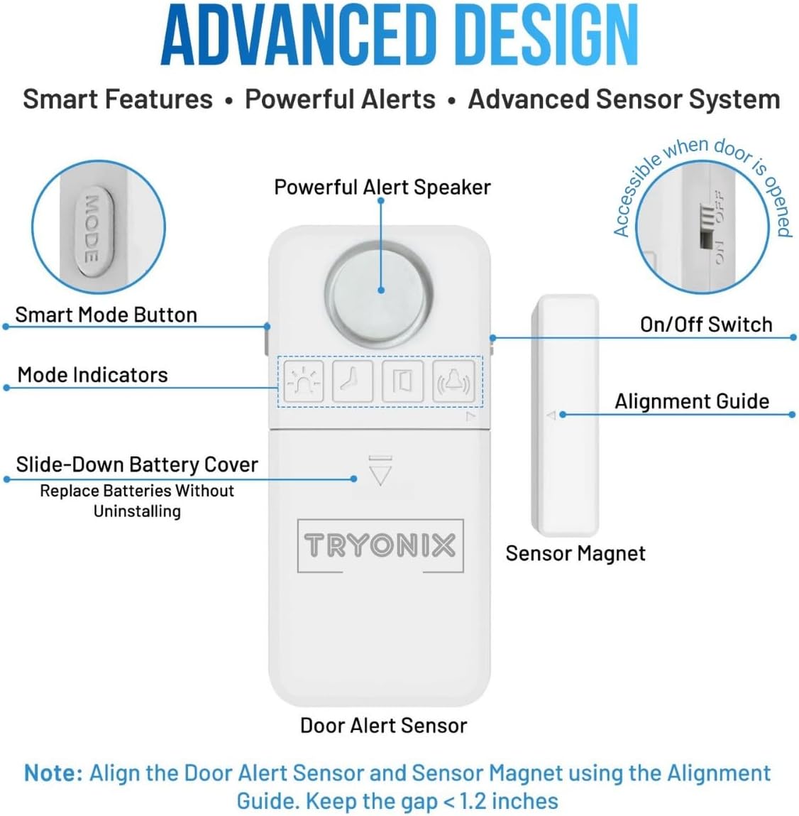 Door Alarms When Opened for Kids & Elderly – 130 dB Loud Door & Window Alarm, 1.2” Wide Gap Sensor, Instant & Delay Alerts, 3 Volume Levels, AAA Batteries Included, Low Battery Alert, 2 Pack