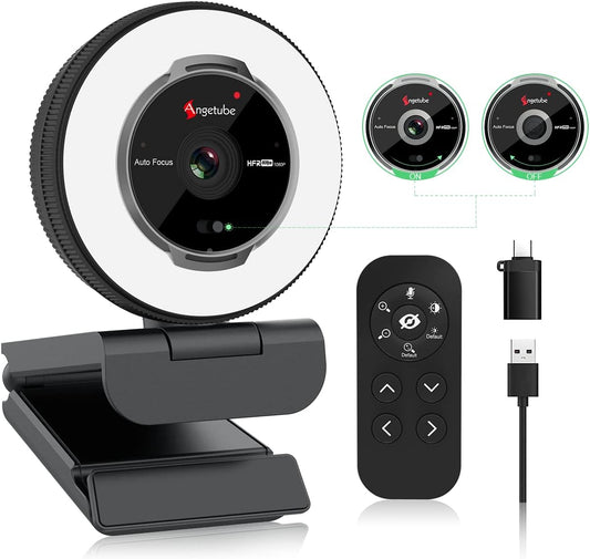 Angetube Streaming Webcam with Microphone, USB 1080P Web Cam w/Ring Light | Remote Control, 1080P@60FPS, 5X Digital Zoom, Built in Privacy Cover, HD Computer Web Camera for Desktop, PC, Laptop, Mac