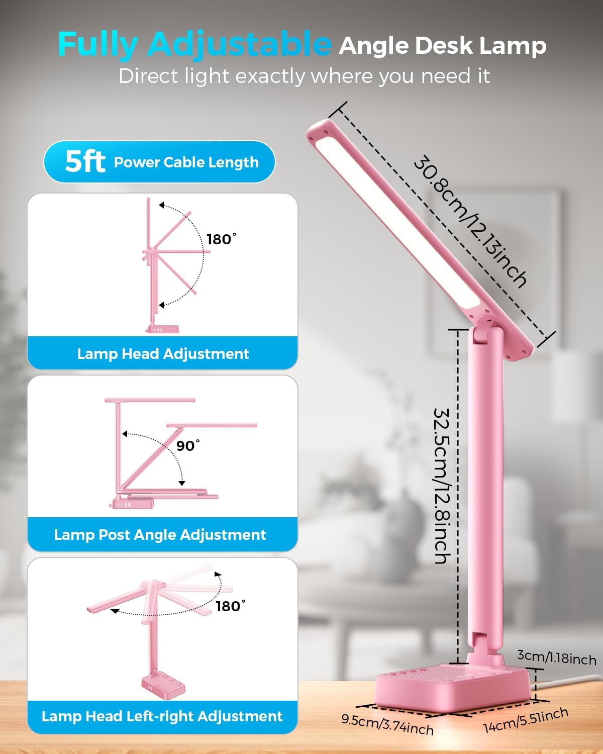 LED Desk Lamp with Power Strip, 3 AC Outlets, 4 USB Ports, Stepless Dimming