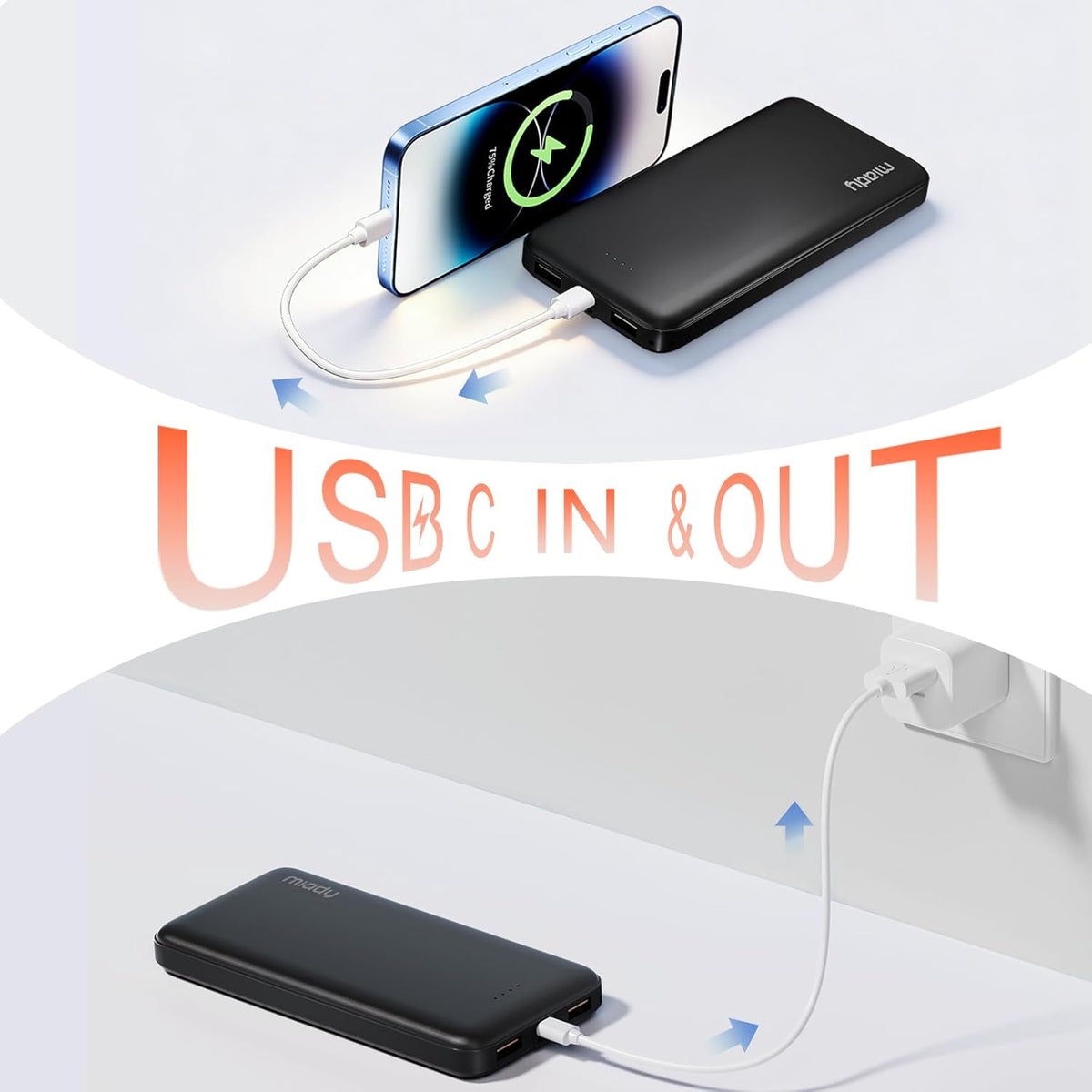Miady 2-Pack Portable Charger 10000mAh Power Bank 22.5W Travel Battery Pack | 37Wh丨Fast Charging丨3 Outputs 2 Inputs丨Slim丨Compatible with iPhone 17 Galaxy S24 Android Tablets etc丨Flight-Safe丨Black+White