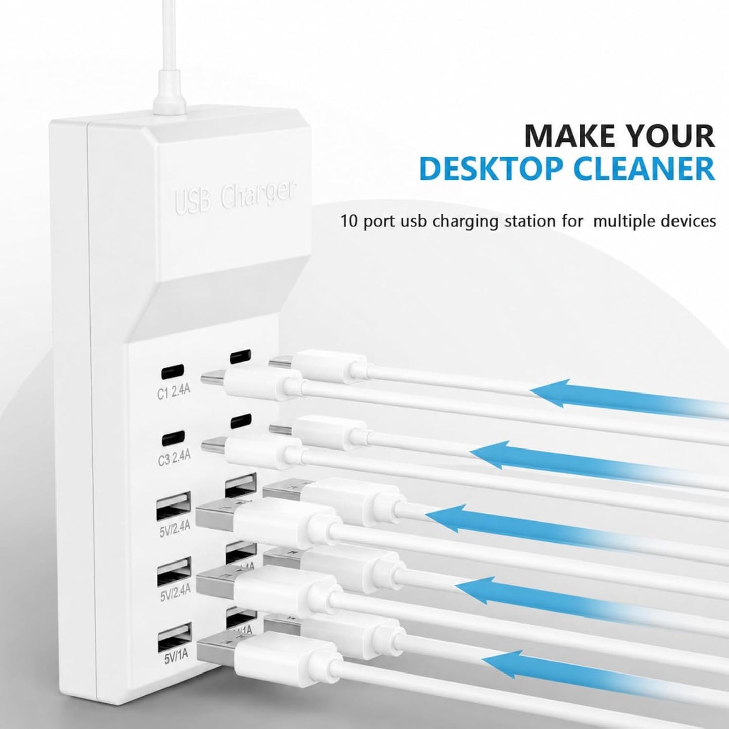 Multiple USB Charging Station for Multiple Devices USB Power Strip | 10 port USB charging block with 4 USB C and 6 USB A charging ports,USB Charging Hub for home office use