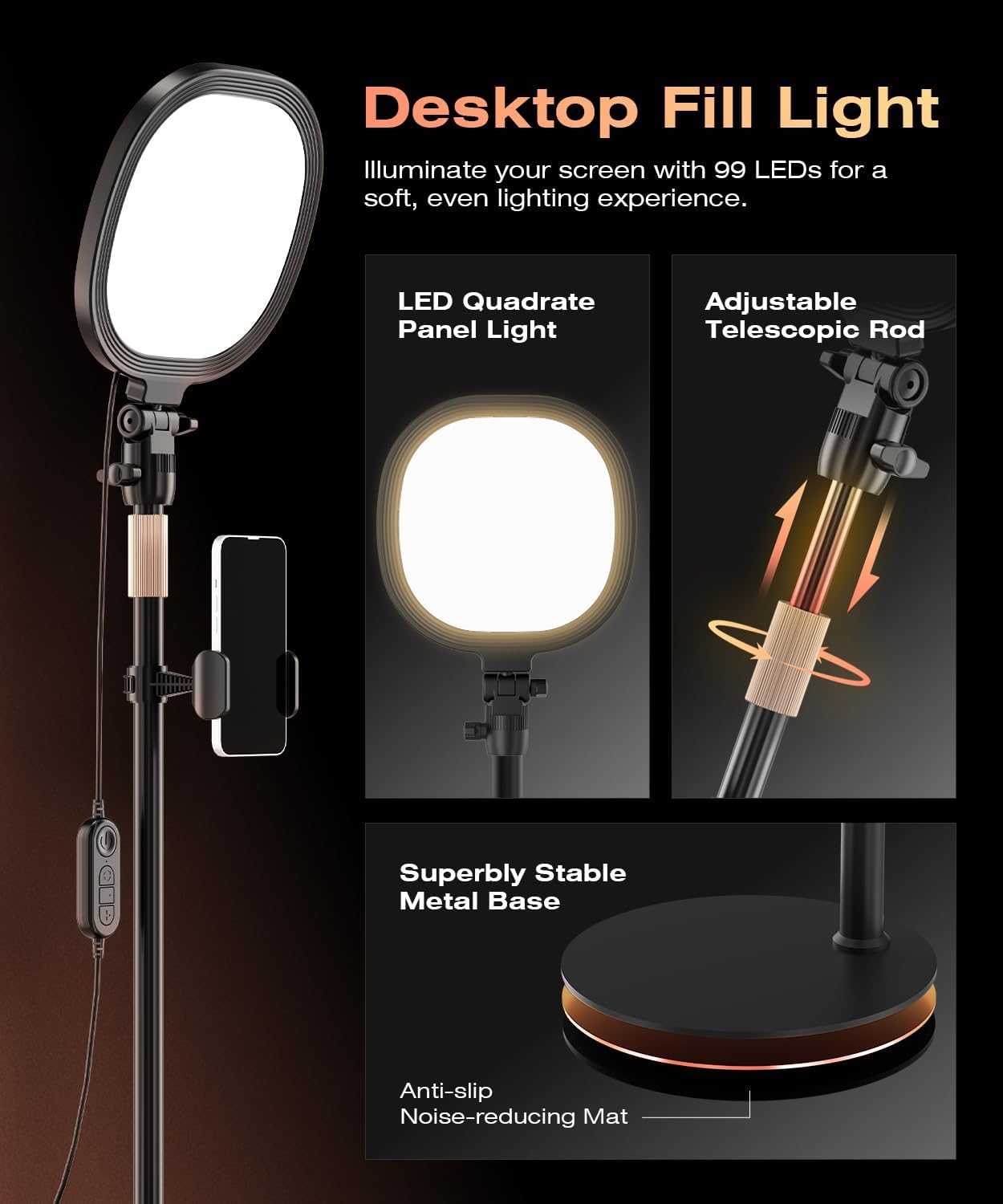 PQRQP Ring Light for Desk, Soft Lighting for Zoom & Video Calls, Selfie Light with Stand & Phone Holder, CRI 97+ Webcam Light for Recording, Streaming, Home Office