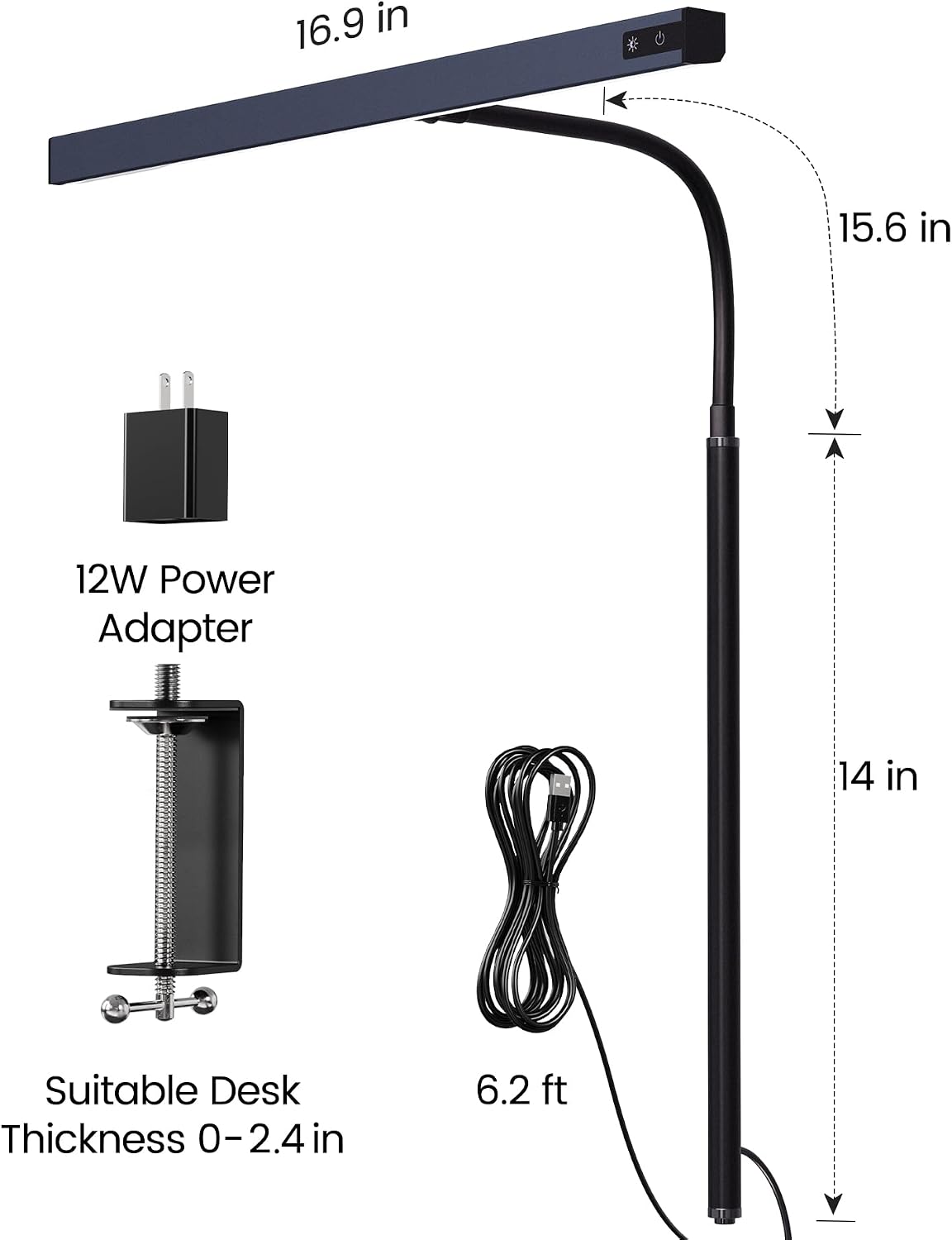 SUPERDANNY LED Desk Lamp for Office Home, Eye-Caring Desk Light with Adjustable Gooseneck, 12W Touch Control Dimmable Brightness, Architect Clamp Lamp with USB Adapter, Grey