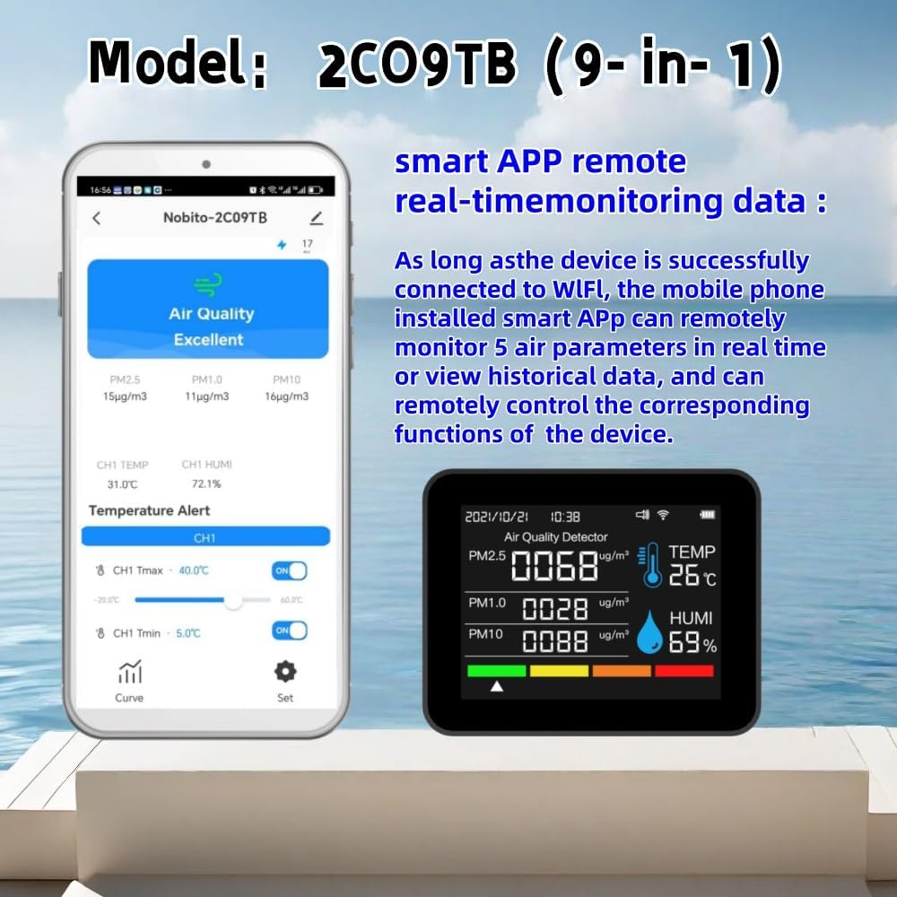 2CO9TB Smart WiFi Air Quality Monitor, Air Dust PM2.5 PM1.0 PM10 and Thermometer with Temperature and Humidity Alarm，Air Quality Tester for Bedroom, Indoor Detects，Smart Home
