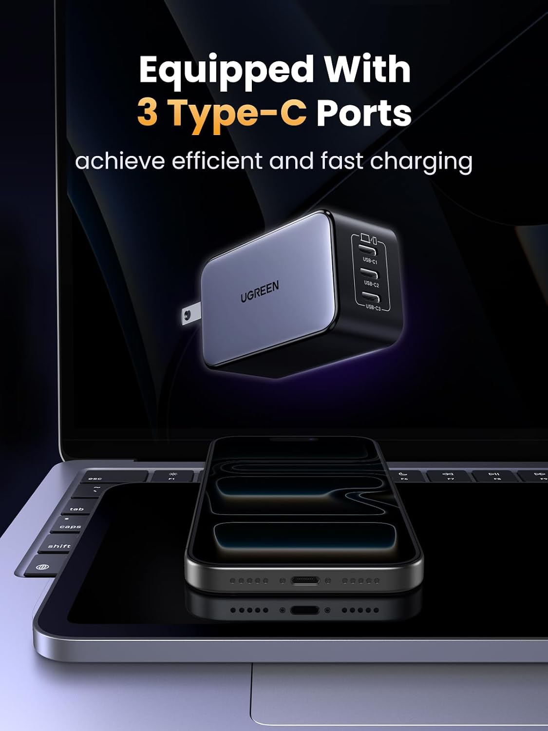 UGREEN Nexode 65W GaN USB C Wall Charger, 3-Port Type-C Fast Power Adapter Compatible with iPhone 17/16/15 Series, Galaxy S25/S24, Pixel 10/9, MacBook Pro/Air, iPad Pro/Air, Steam Deck