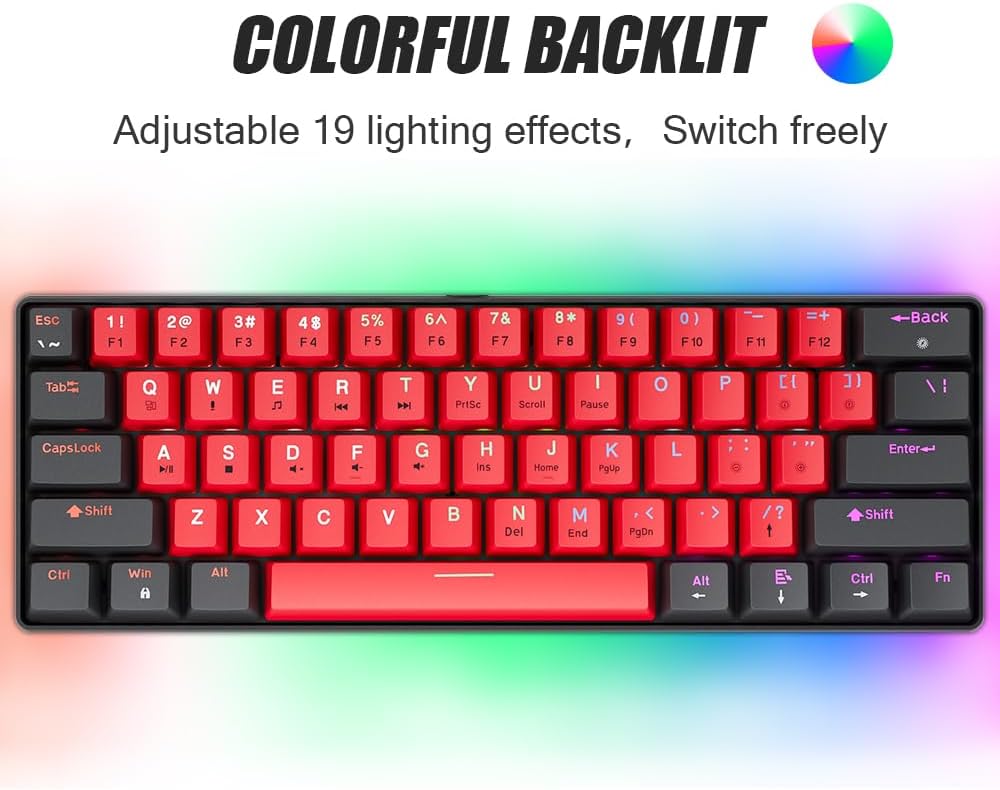 abucow 60% Mechanical Gaming Keyboard Black Switch Wired Compact Keyboard Anti-Ghosting No-Conflict 61 Swappable keycaps Ergonomic Design for Windows/Mac (Black-Red)