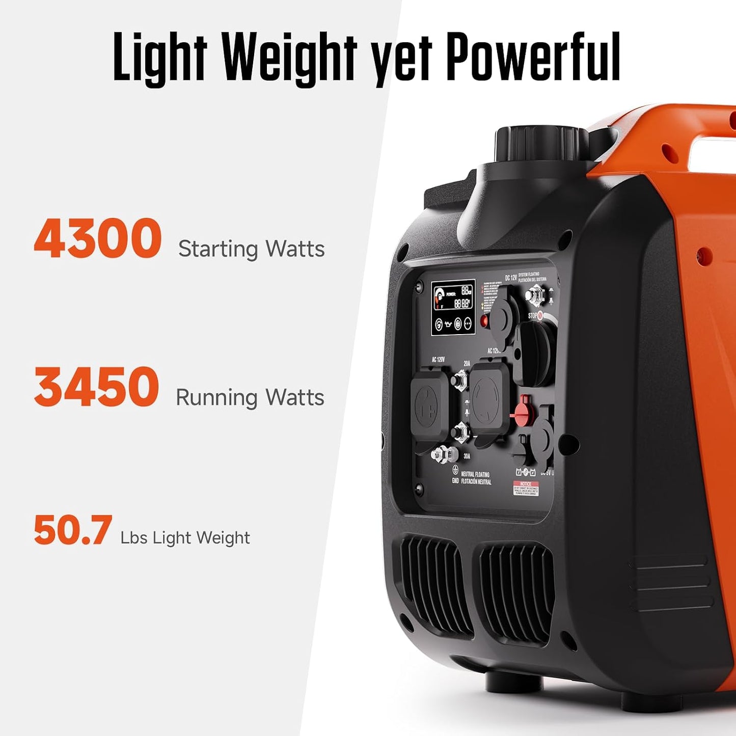 AIVOLT 4300W Inverter Generator Gas Powered Quiet RV Generator for Camping | 3450W Running. 60dBA Super Quiet. <3% THD Clean Power. CO Auto-Shutoff. 5.5h ECO Mode. Parallel Ready. EPA Compliant.