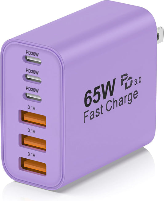 65W USB C Charger Block,6-Port Multi Device Fast Charger PD QC Wall Adapter | GaN technology saves space and reduces heat,ideal for home,office,travel,wide compatibility for iphone & USBC devices（Purple