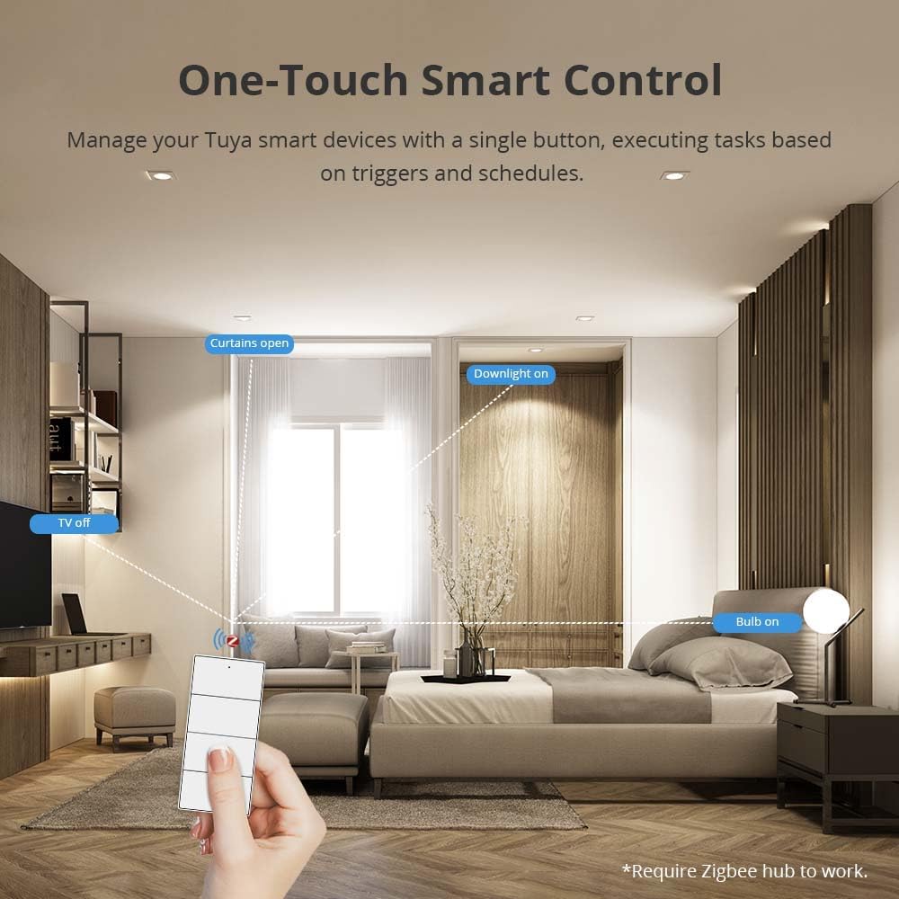 Wireless Zigbee Smart Button, 4-Way Remote Control Button Switch for Smart Home Devices, Scene Controller, Compatible with Tuya, Home Assistant, Homey, Hubitat, Requires Tuya Zigbee Hub