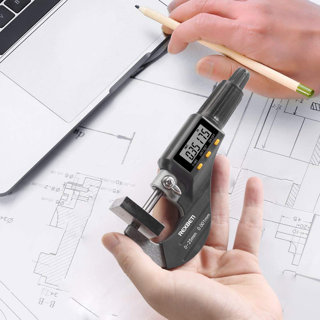 REXBETI Outside Micrometer, Ultra-Precision Carbide Tipped Measuring Tool | Digital Micrometer, Professional Inch/Metric, 0.00005"/0.001 mm Resolution Thickness Gauge, Protective Case, Extra Battery
