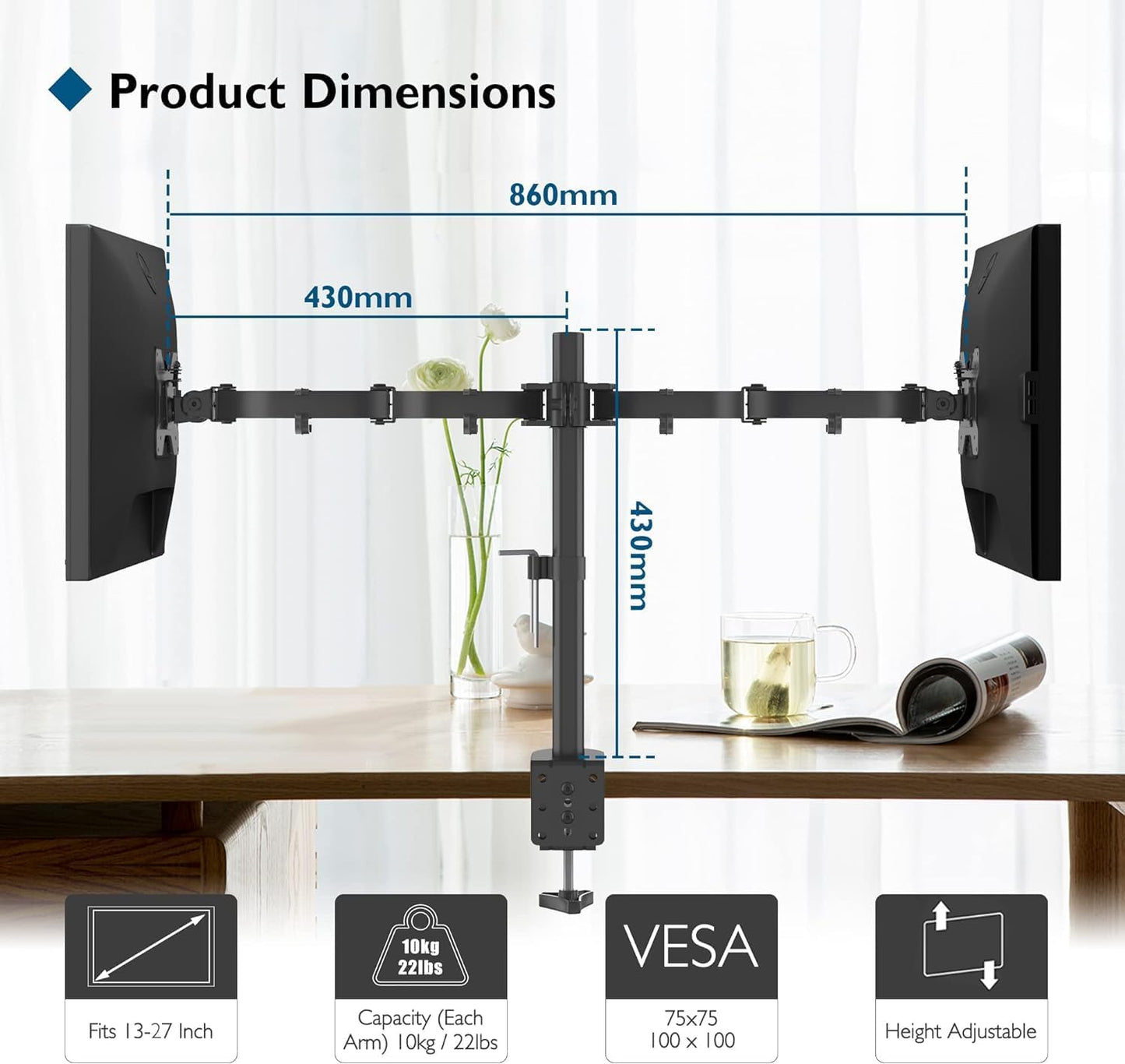 BONTEC Dual Monitor Desk Mount, 13-27 Inch, 22lbs, VESA 75x75/100x100,Black | Full Motion Adjustable Stand, Heavy Duty Arms, C Clamp and Grommet Base, Cable Management for Flexible Screen Positioning