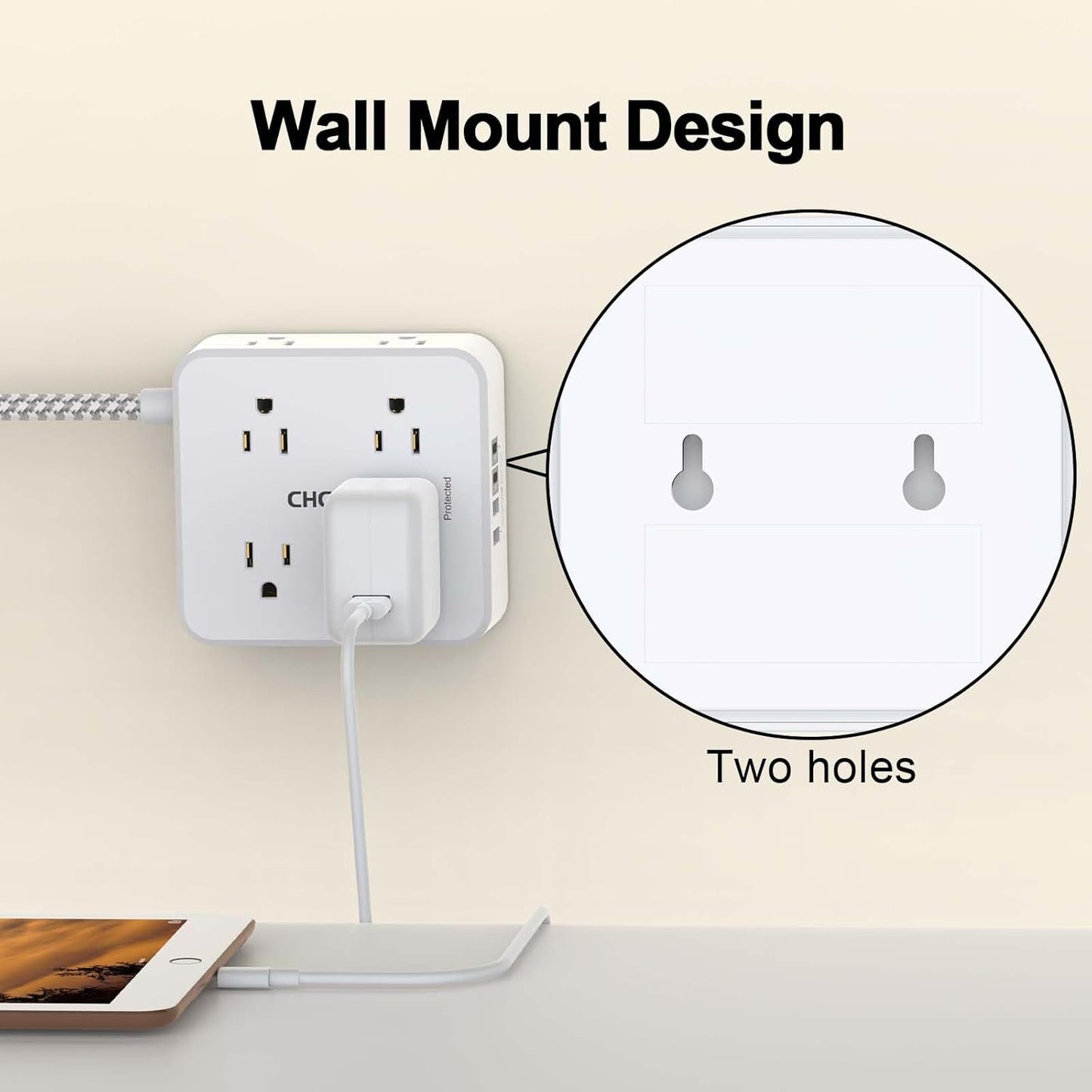 Surge Protector Power Strip - CHCORE 5Ft Braided Extension Cord with 8 Outlets with 4 USB (2 USB C) Charging Ports, Flat Plug Multi Plug Outlet Extender Charging Station for Home Office, ETL, White