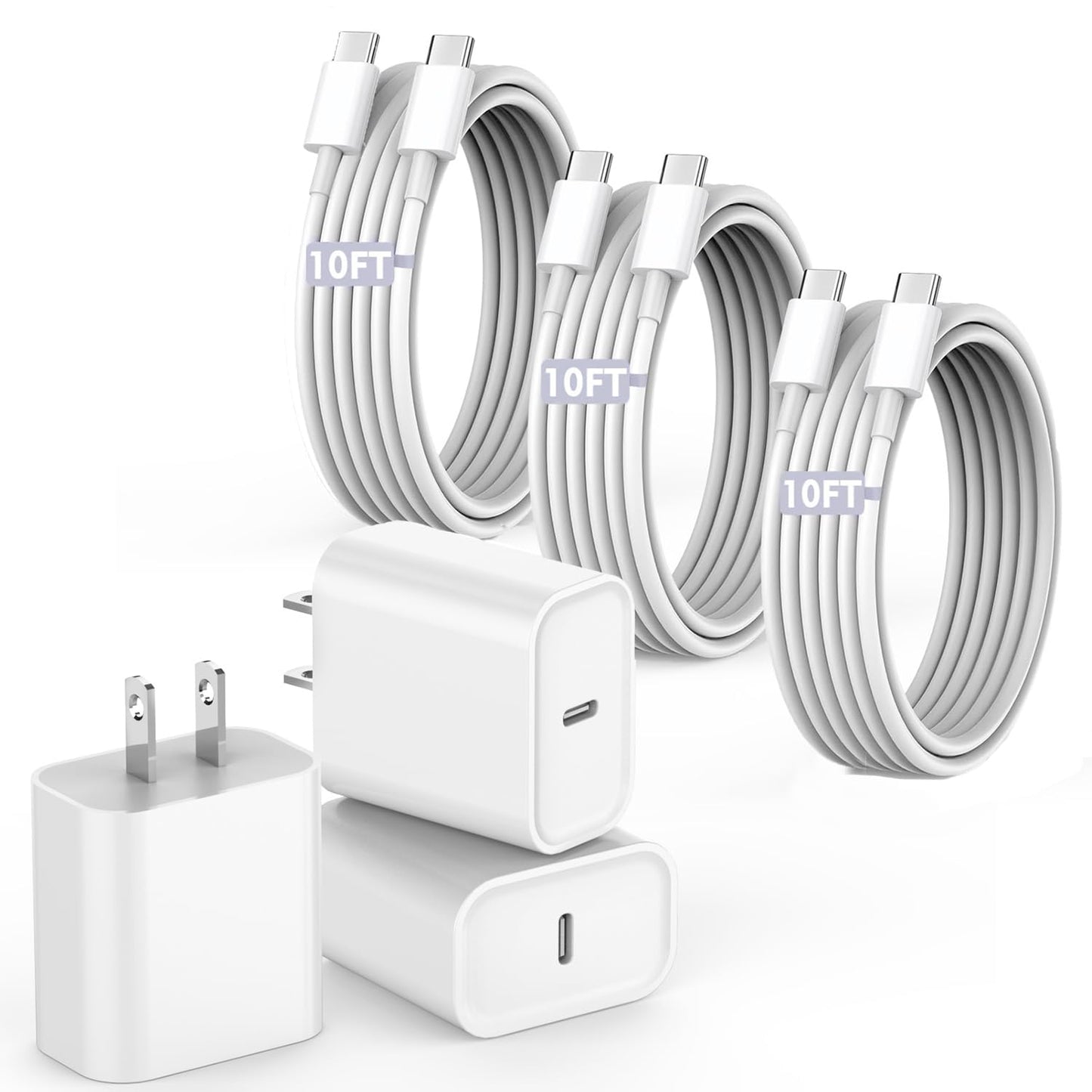 10FT Fast Charging Cord for iPhone 17 16e 15,3Pack Extra Long 10Foot USB C to Type C Charger Cable 20W USBC Charger Block Cube Super Quick Charging for iPhone 17 Air/17 16 15 Pro/Plus/Pro Max,iPad Pro