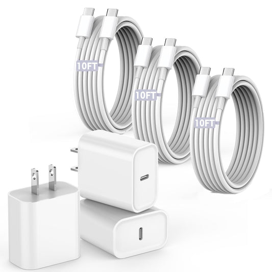 10FT Fast Charging Cord for iPhone 17 16e 15,3Pack Extra Long 10Foot USB C to Type C Charger Cable 20W USBC Charger Block Cube Super Quick Charging for iPhone 17 Air/17 16 15 Pro/Plus/Pro Max,iPad Pro