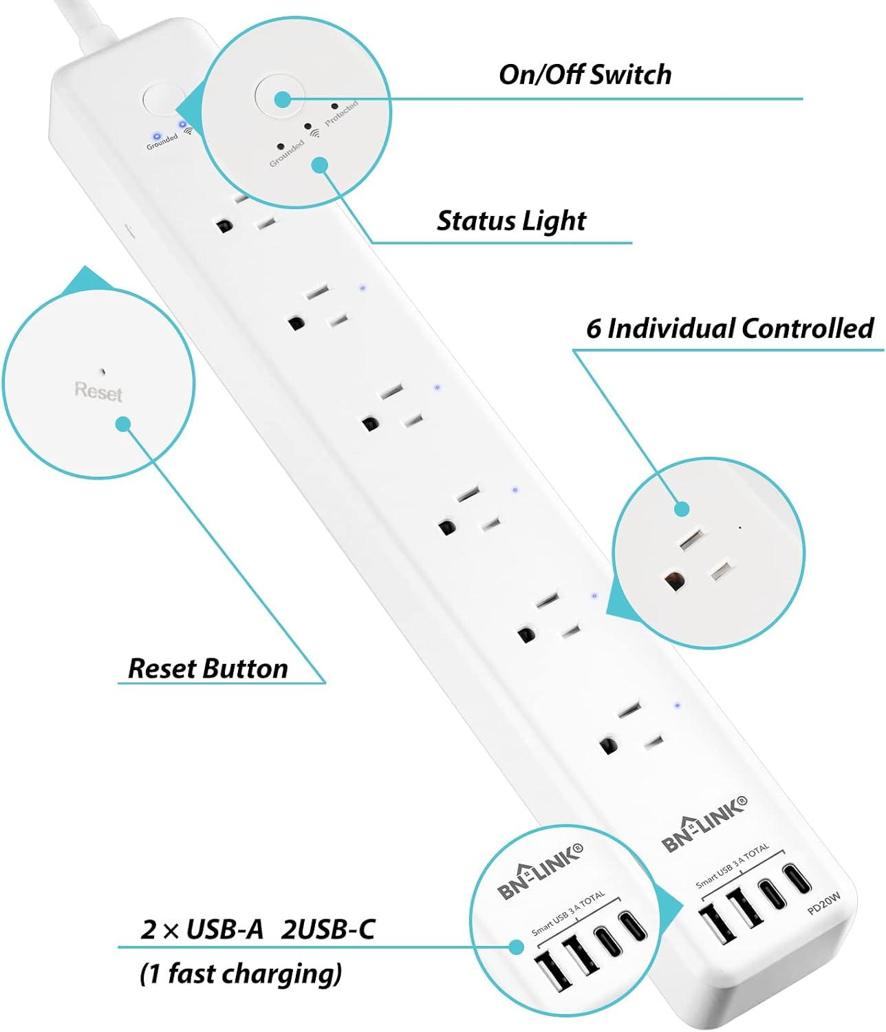 BN LINK Smart Plug Power Strip，Surge Protector with 6 Individually Controlled Smart Outlets, 4 USBs (incl. 20W USB-C), Compatible with Alexa and Google Home
