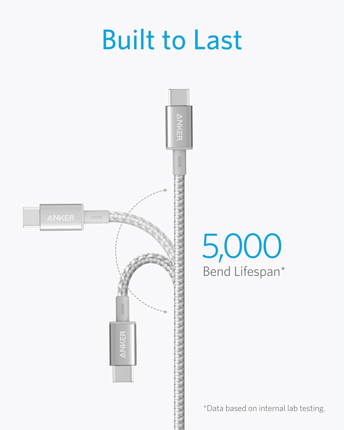 Anker USB C to USB C Cable, 100W Fast Charging Cable(1-Pack, 10 ft, Silver) | For iPhone 17 / 17 Pro, MacBook, and More