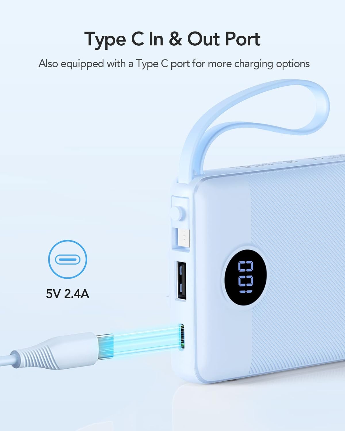 VRURC Portable Charger for iPhone, Built in 4 Cables Power Bank 10000mAh | Compact USB C Charging Bank 5 Outputs for Multi Devices,Travel Essential for Hiking Camping Business Cruise Ship-Blue