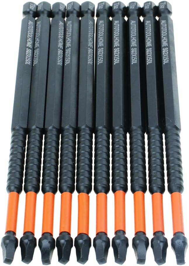 10 Pack #2 Square Driver Bits, 6-Inch Impact SQ2 Bits | Long-reach SQ2 Impact Driver Bits with Torsion Zones and Precision Tips for Pocket Hole Jigs