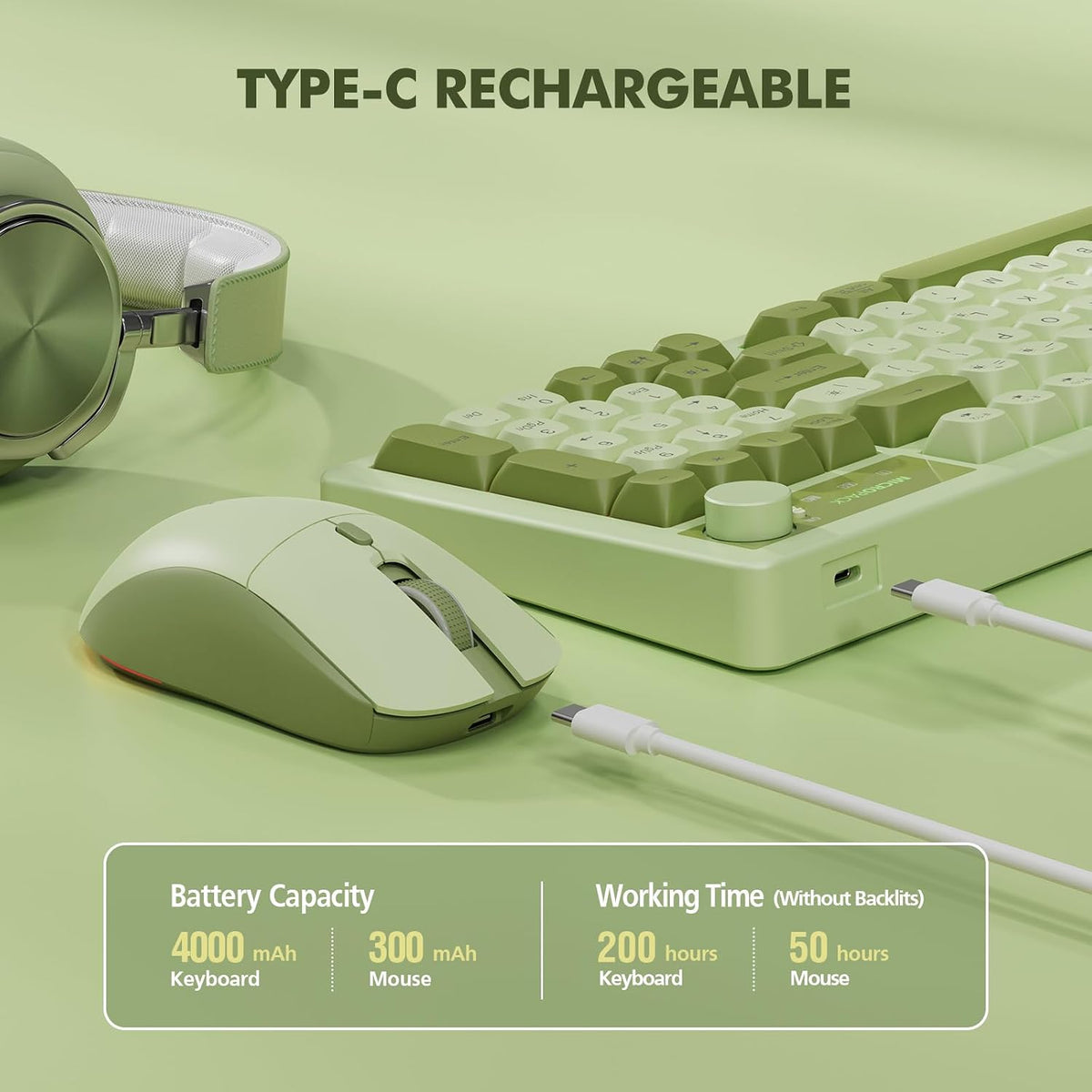 Wireless Keyboard and Mouse Combo Creamy with Number Pad for Desktop Mac iPad Bluetooth/2.4ghz/Wired Rechargeable Light up RGB Quiet Compatible with PC Laptop Tablet (Green)