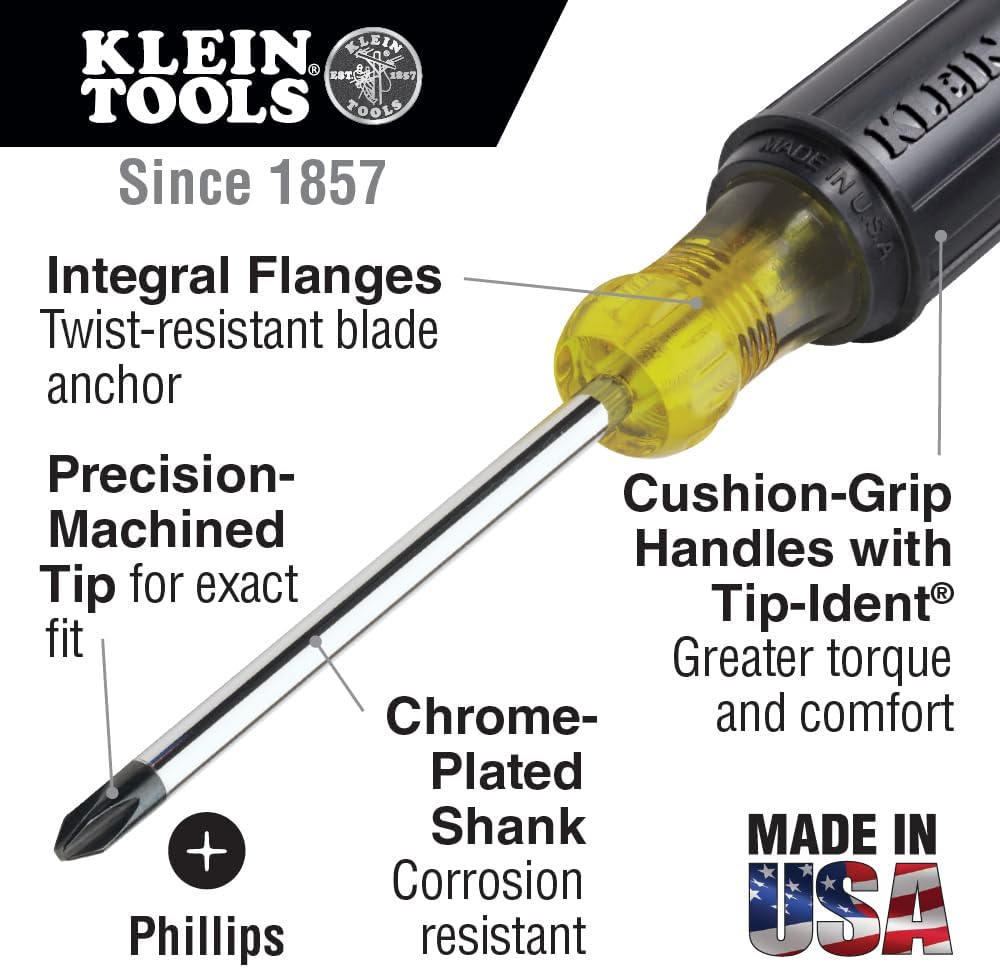 Klein Tools 80031 Screwdriver Set, Made in USA, 5-Piece Kit Includes 2 Slotted, 2 Phillips and 1 Square Tip Screwdriver, Cushion Grip Comfort
