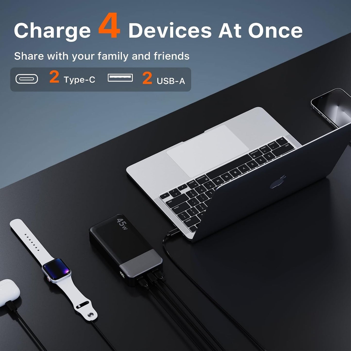 JUOVI Power Bank 45W 20000mAh Portable Charger USB C, PD QC Fast Charging 4-Port(2C+2A) External Battery Pack with LED Display, for iPhone 15 16 MacBook ipad