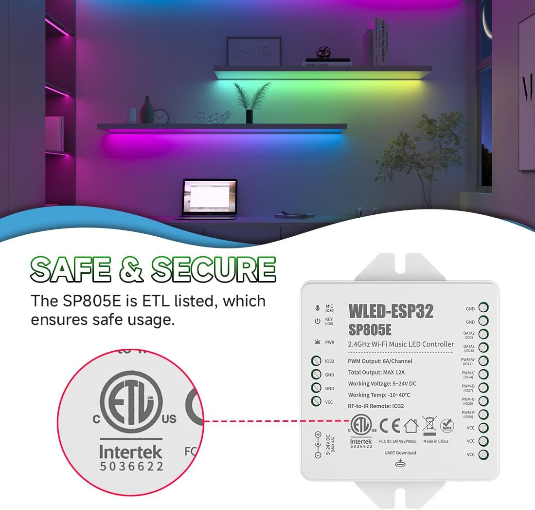 BTF-LIGHTING SP805E WLED LED Controller ESP32 with Mic, WiFi APP Control | For WS2812B WS2811 SK6812 WS2814 LED Strip/Matrix & PWM Dim CCT RGB RGBW RGBCCT LED , 2 SPI Channel, USB-C UART, DIY Lights