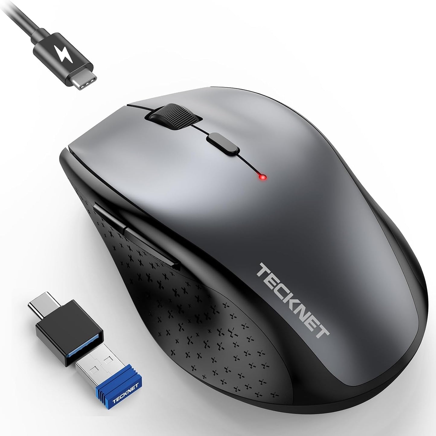TECKNET Rechargeable Mouse with Jiggler, 2.4G Connection with USB-C Adapter | Type-C Adapter, Mouse Mover, Plug & Play, 3X Faster Charge, Full-size Design, Silent Click