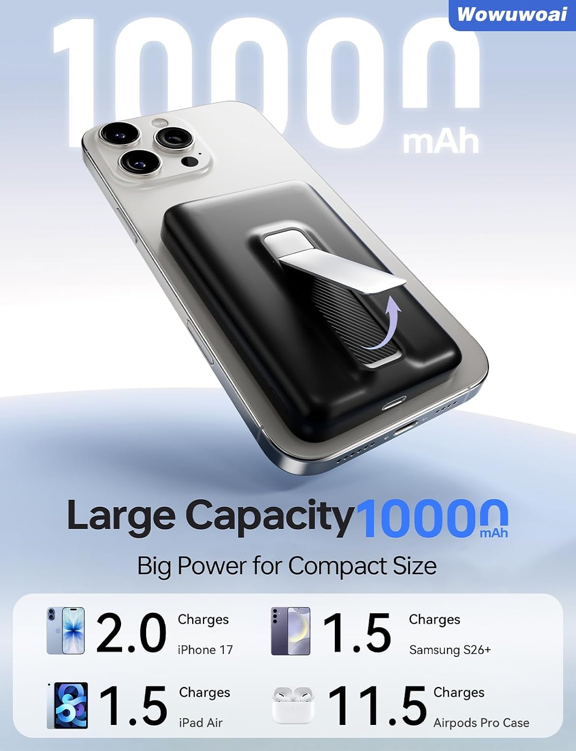 for Magsafe Portable Charger, 10000mAh Wireless USB-C Power Bank with Stand | USB C Charging (In&Out), 20W Fast Charge MagSafe-Compatible Battery Pack for iPhone 17/16/15/14 & Android, Indicator Light