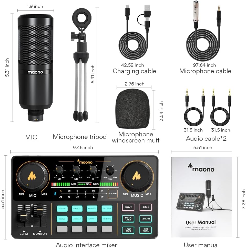 MAONO Podcast Equipment Bundle with Audio Mixer & 3.5mm Mic for Streaming | All-in-one audio production, PC and smartphone-compatible, 4 custom soundpads, for creators, home podcast setup AU-AM200-S1