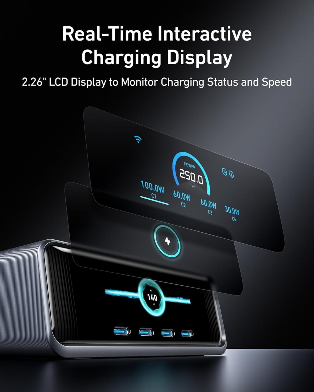 Anker Prime Charging Station, 250W 6-Port GaN USB C Charger | 2.26" LCD Smart Display Control, Compatible with iPhone, Galaxy, MacBook, Dell for Home Office, Gaming Desk Accessories