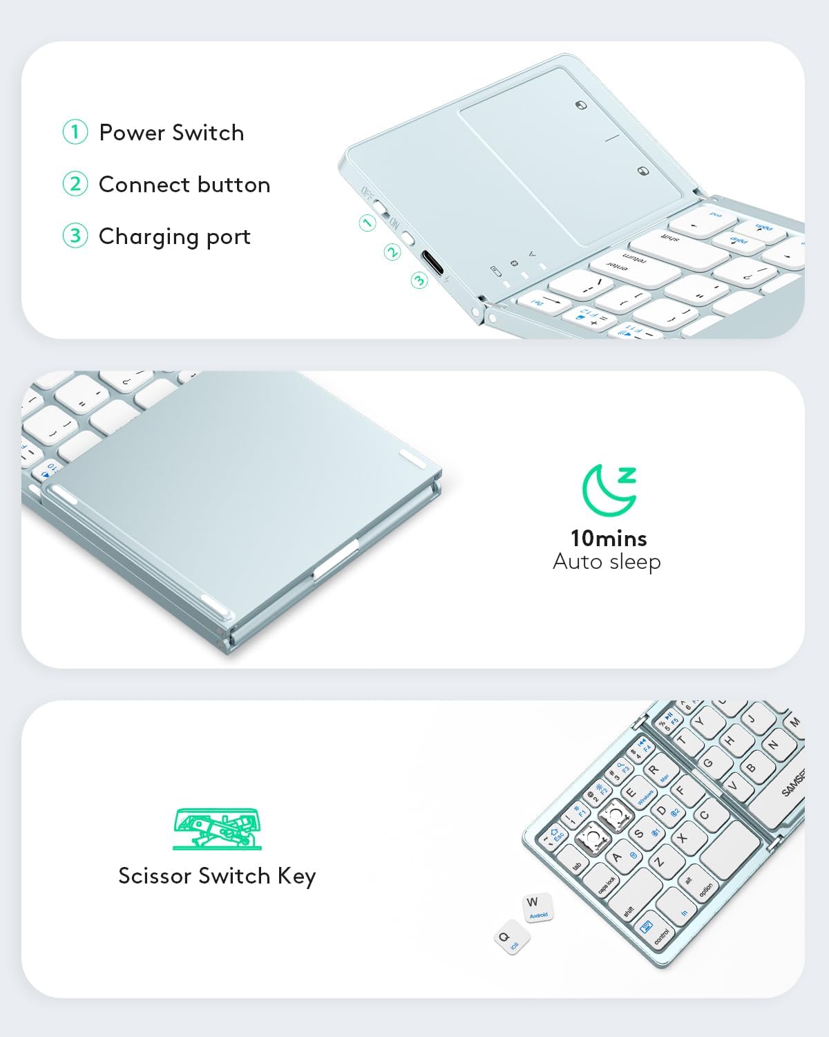 Samsers Foldable Bluetooth Keyboard with Touchpad, Ultra Slim Compact, Blue