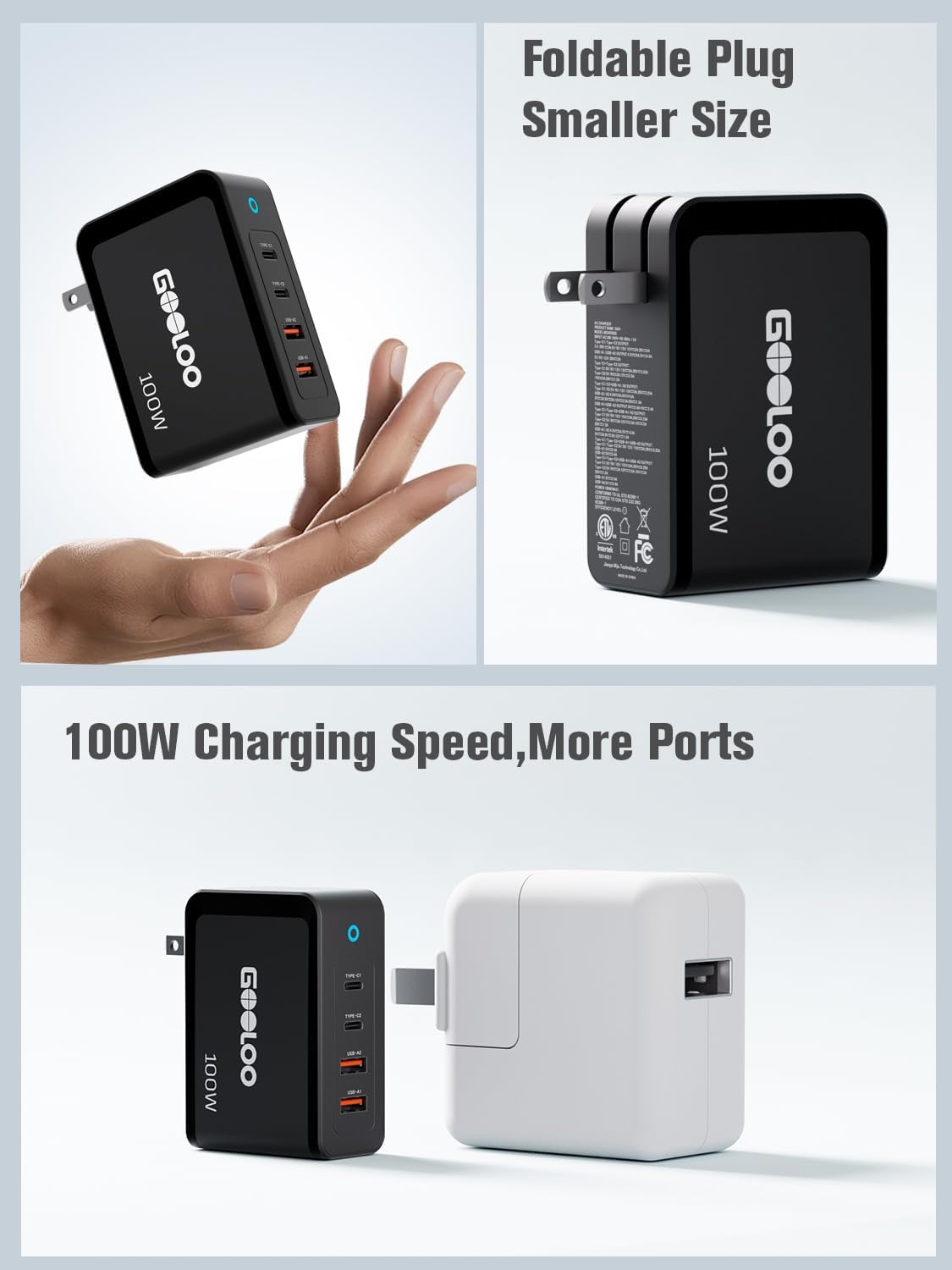 GOOLOO 100W USB C Charger Block - 4-Port Foldable Compact Fast Wall Charger | For MacBook Pro/Air/iPad/iPhone Series and More - SuperSafe Power Adapter for GT3000/GT4000S/GT6000/A7 Jump Starters