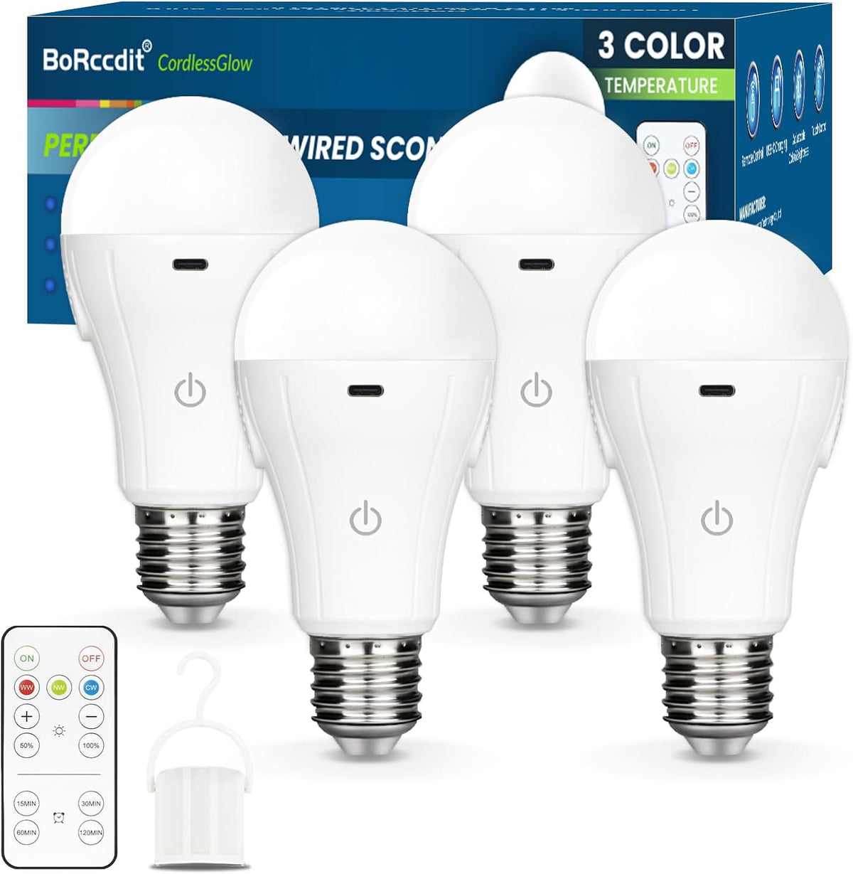 CordlessGlow Battery Operated Light Bulb with Remote，3 Colors + Dimmable + Touch Control Rechargeable Light Bulbs for no-Hardwired Fixture, up to 24 Hours,2Pack