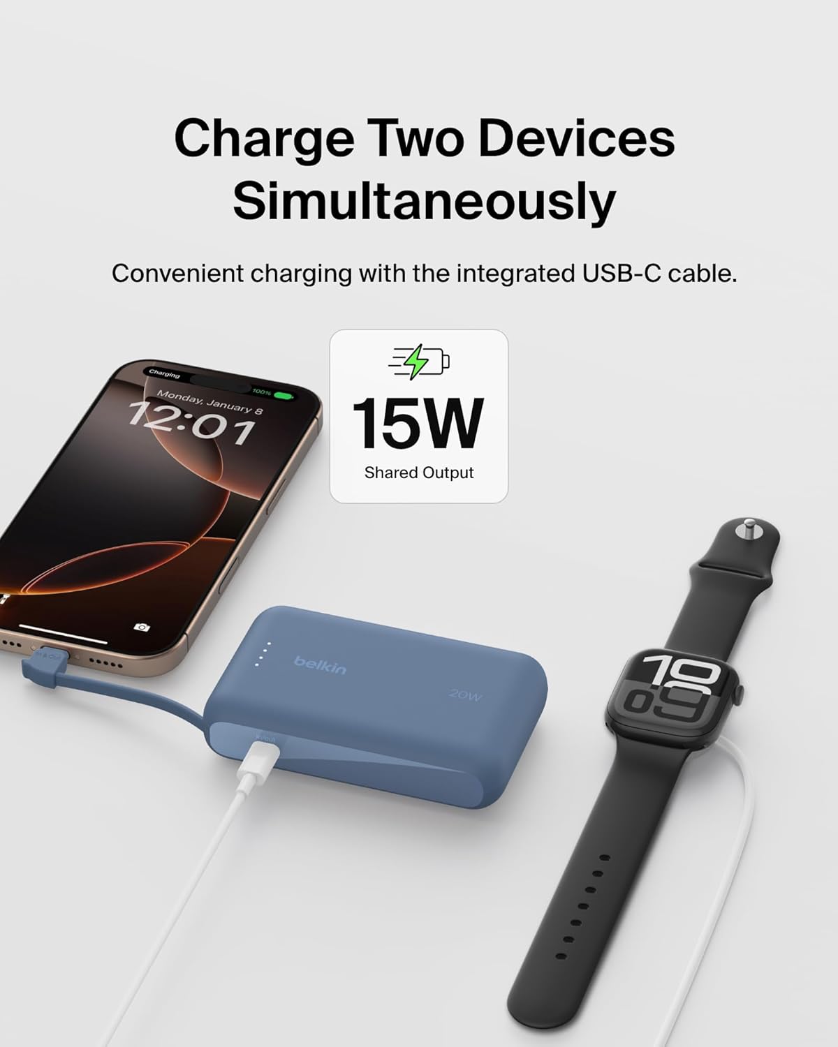 Belkin 10000mAh 20W USB C Power Bank, Portable Charger for iPhone &amp; iPad | Fast Charging, Integrated USB C Cable, Eatra USB C Port, iPhone 17, iPad, Samsung Galaxy S26, Charge 2 Devices