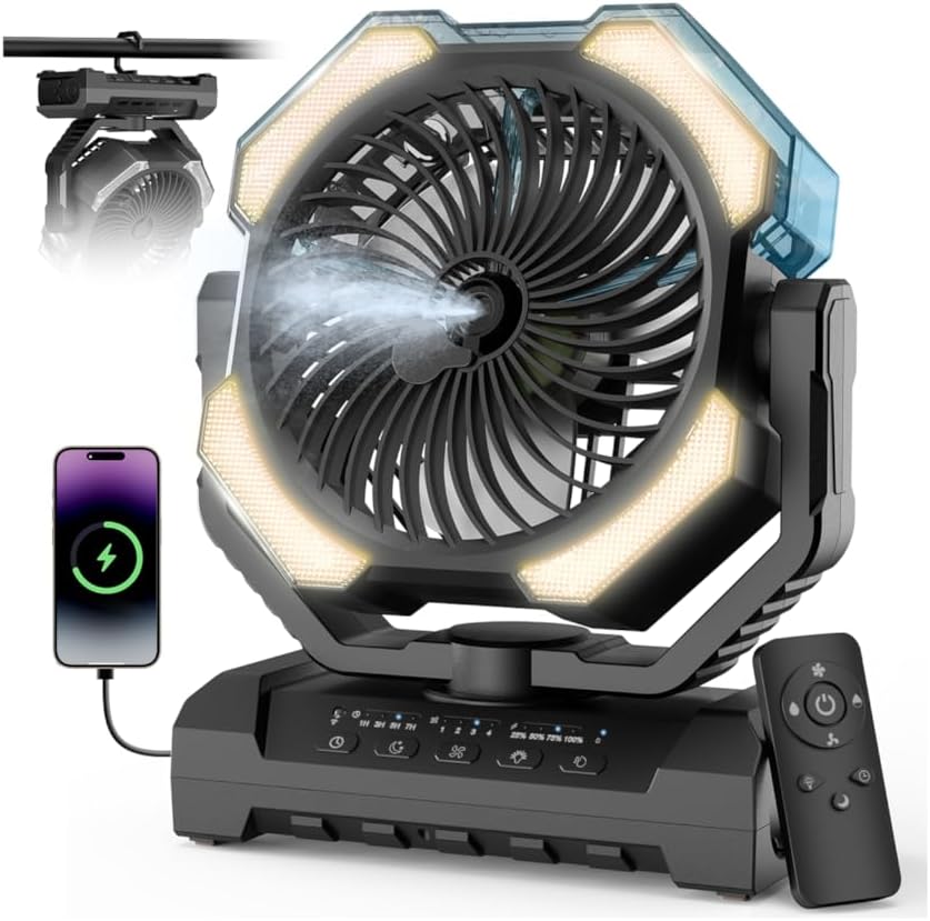 Camping Misting Fan, 24000mAh Portable Battery Powered Fan with Mist, Light | 9oz Water Tank, 2 Mode Last 5H Mister, Rechargeable, 120H Cooling, 4 Speeds, Sleep Mode, for Outdoor Gear, Travel Essentials