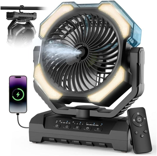 Camping Misting Fan, 24000mAh Portable Battery Powered Fan with Mist, Light | 9oz Water Tank, 2 Mode Last 5H Mister, Rechargeable, 120H Cooling, 4 Speeds, Sleep Mode, for Outdoor Gear, Travel Essentials