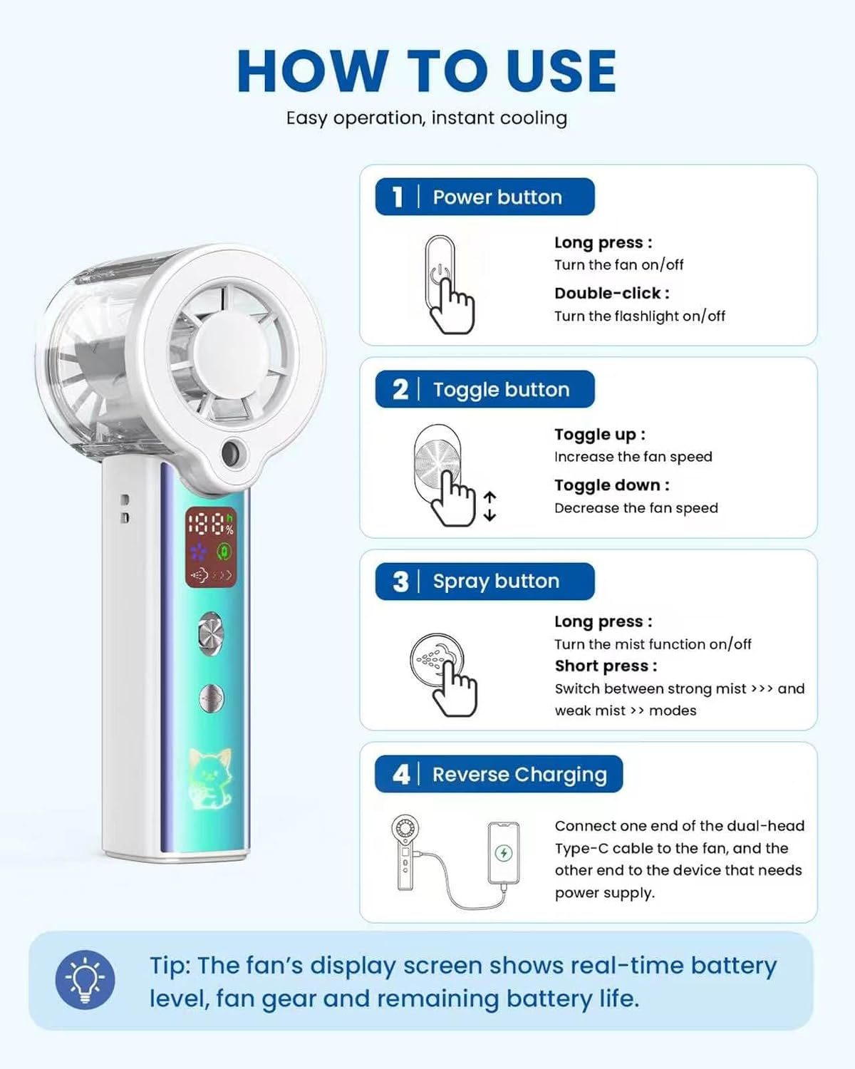 Portable Misting Fan with Mist, 3-in-1 Rechargeable Handheld 4000mAh | Adjustable mist mode, 100-speed wind control, LED display, power bank function, 30000RPM, compact & lightweight