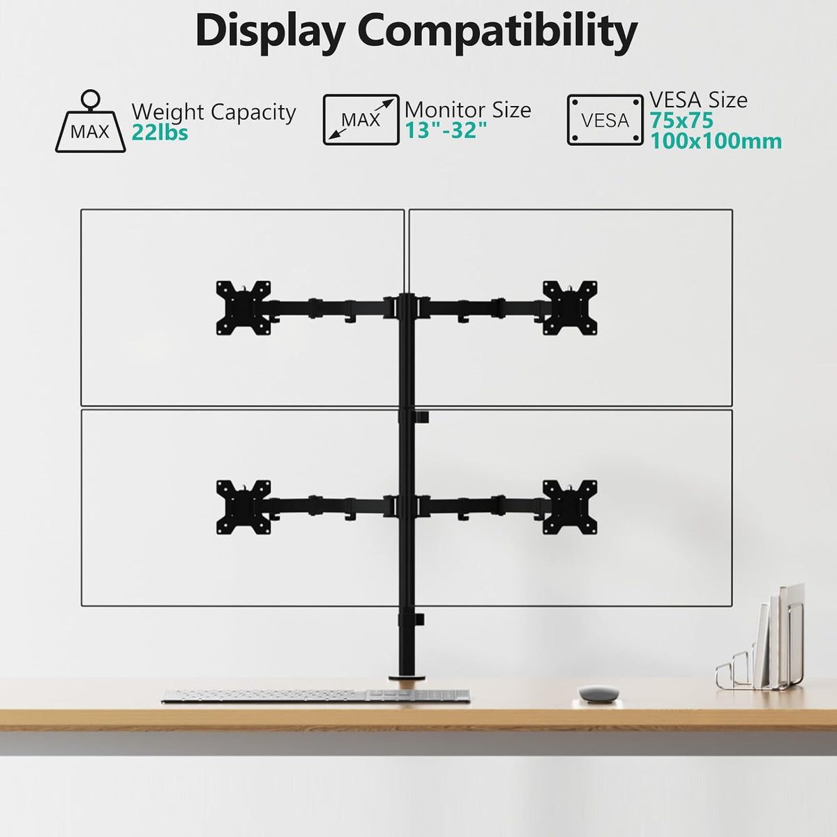 WALI Quad Monitor Desk Mount for 13-32 inch Computer Screens, 22lbs per Arm