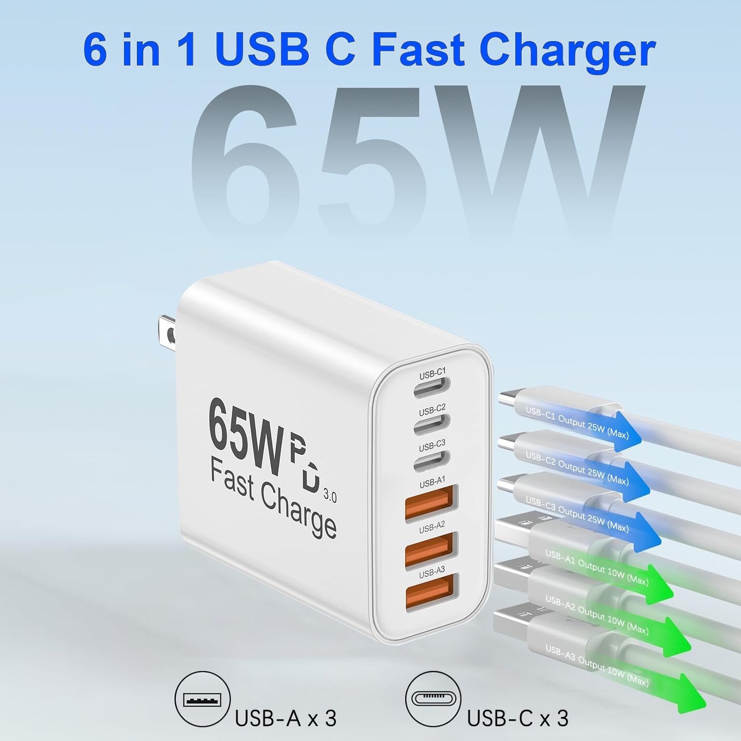 65W USB C Charger Block,3Pack 6-Port Type C Fast Phone Charging Block Cube PD Multiport USB C Power Adapter+QC 3.0 USB A Wall Plug for Apple iPhone 17/16/15/14/13/12/11 Pro Max/Plus/Air,iPad,Galaxy