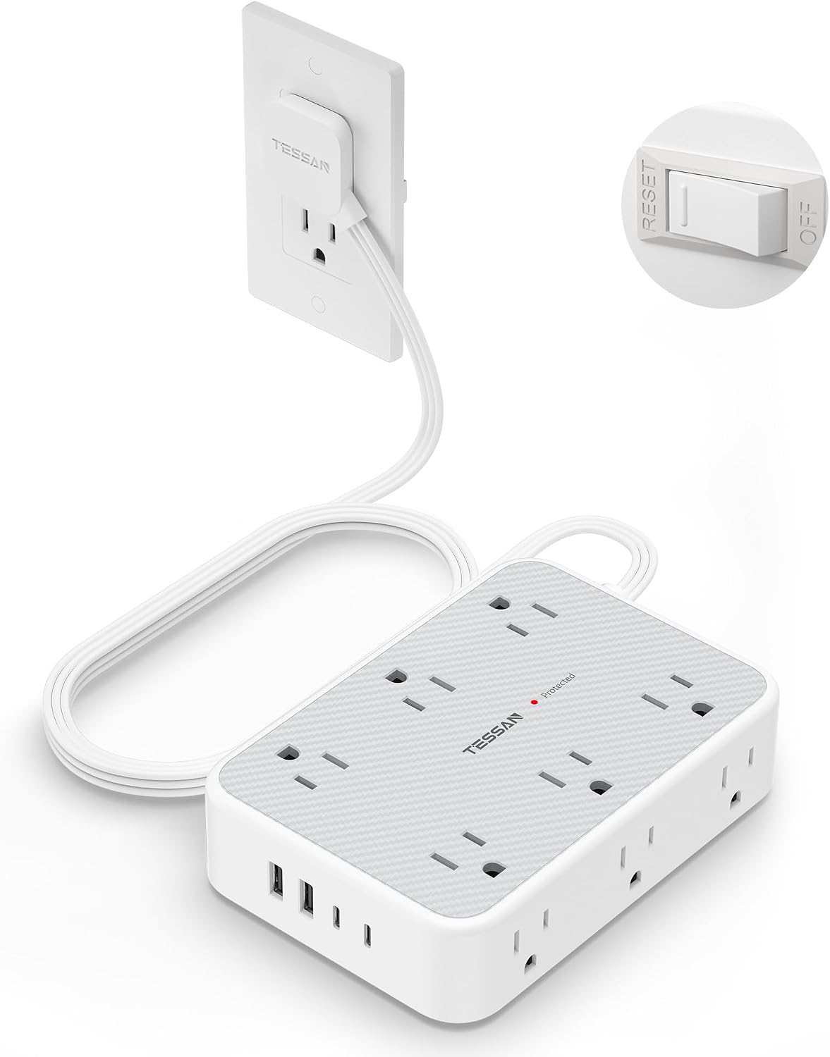TESSAN Surge Protector Power Strip, 10FT Flat Extension Cord