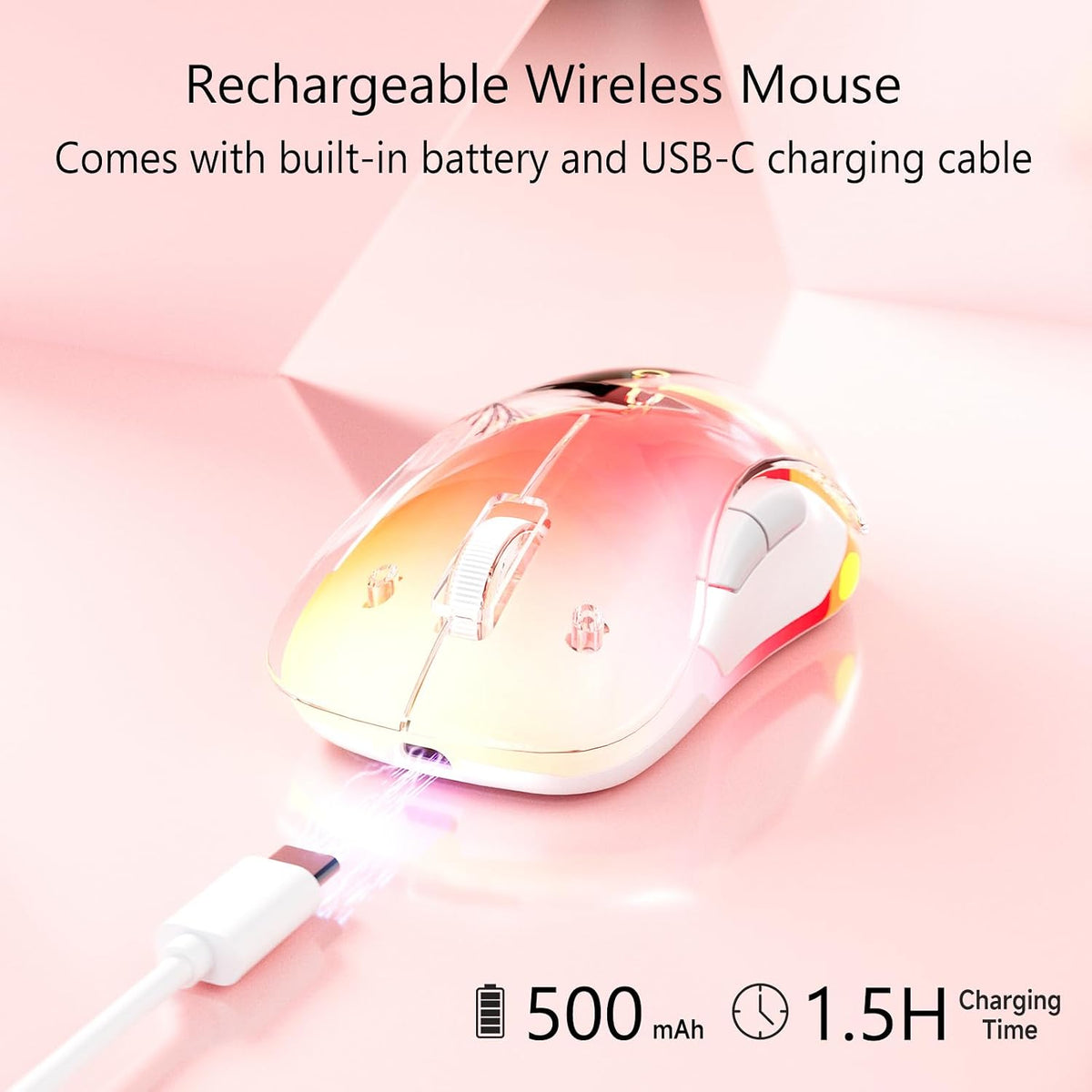 memzuoix 2.4G Wireless Mouse with Customizable Cover & 9-Color LED - Rechargeable Ergonomic, 1400 DPI, 5 Buttons, USB Receiver for PC/Mac - Pink