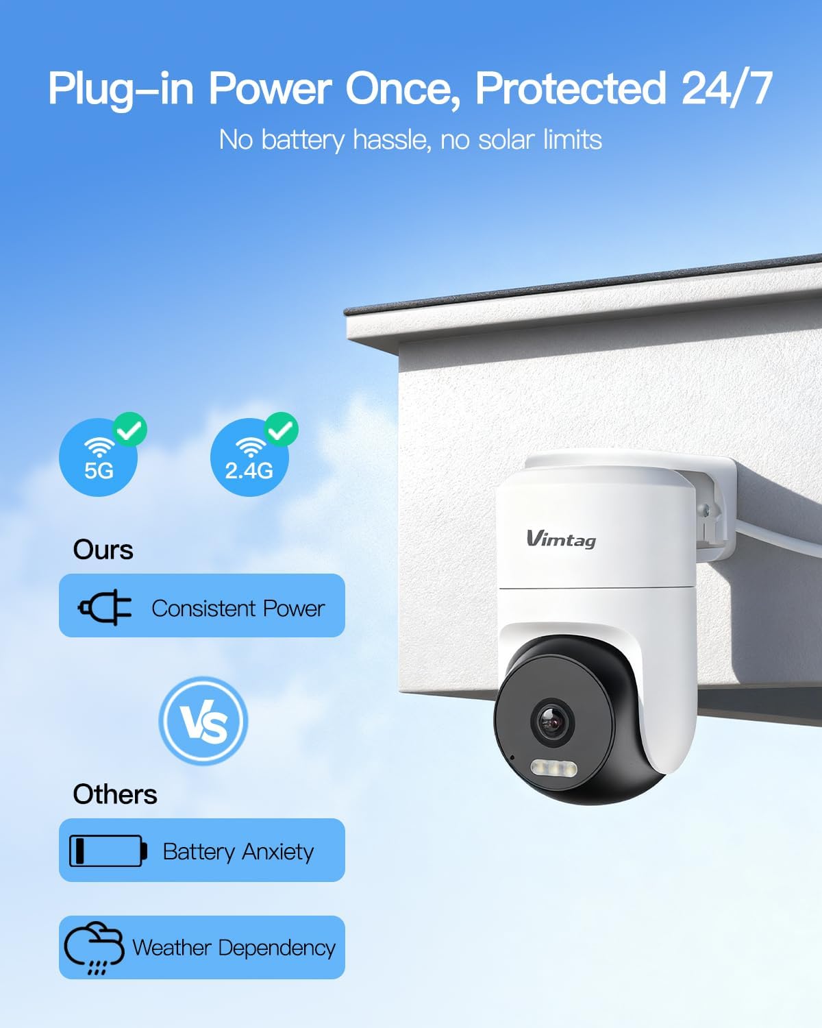VIMTAG Pan/Tilt Outdoor Security Camera, 2.5K 4MP WiFi Home CCTV Camera, 360° View & Motion Tracking, Color Night Vision, 2-Way Audio, AI Detection Alarm, IP66, Cloud & SD Card Storage, Works w/Alexa